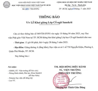 Thông báo về Lễ khai giảng Lớp Cổ ngữ Sanskrit 2025
