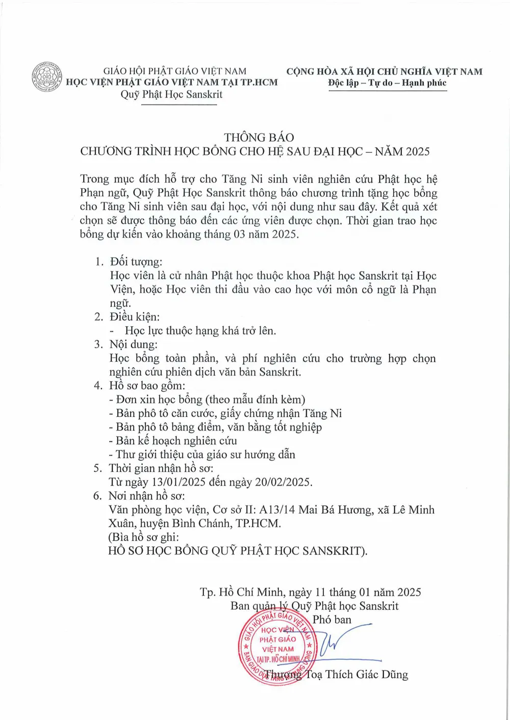 Thông báo Chương trình Học bổng Phật học Sanskrit cho hệ Sau đại học năm 2025