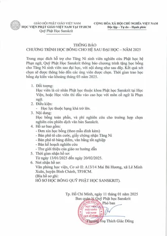 Thông báo Chương trình Học bổng Phật học Sanskrit cho hệ Sau đại học năm 2025