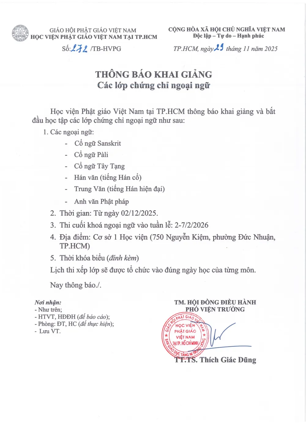 Thông báo Khai giảng Các lớp chứng chỉ ngoại ngữ