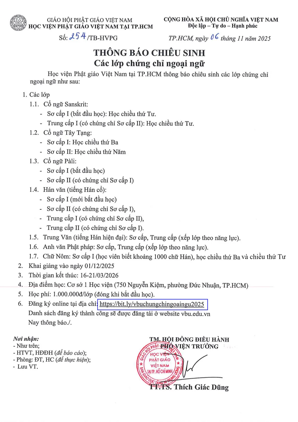 Thông báo Chiêu sinh Các lớp chứng chỉ ngoại ngữ 2025